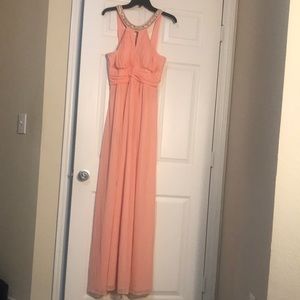 Coral evening gown with sash. Size: large. Fiesta fashion